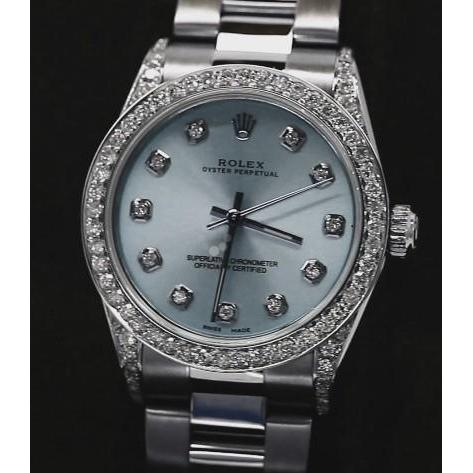 Blaues, individuelles Diamanten-Zifferblatt, mittlere Größe, kein Datum, Rolex-Uhrenarmband, Edelstahl
