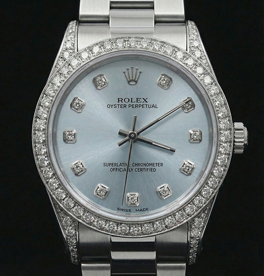 Blaues, individuelles Diamanten-Zifferblatt, mittlere Größe, kein Datum, Rolex-Uhrenarmband, Edelstahl