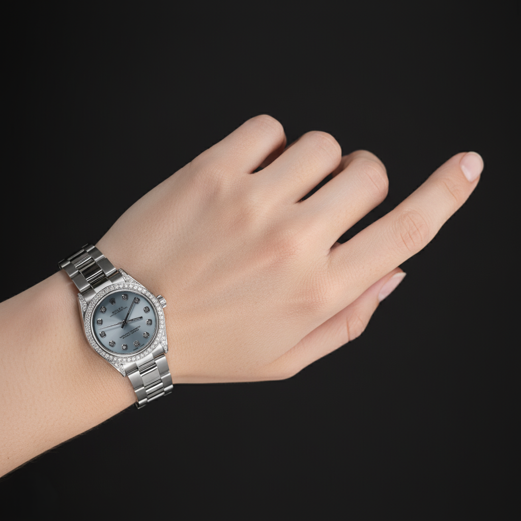 Blaues, individuelles Diamanten-Zifferblatt, mittlere Größe, kein Datum, Rolex-Uhrenarmband, Edelstahl P2