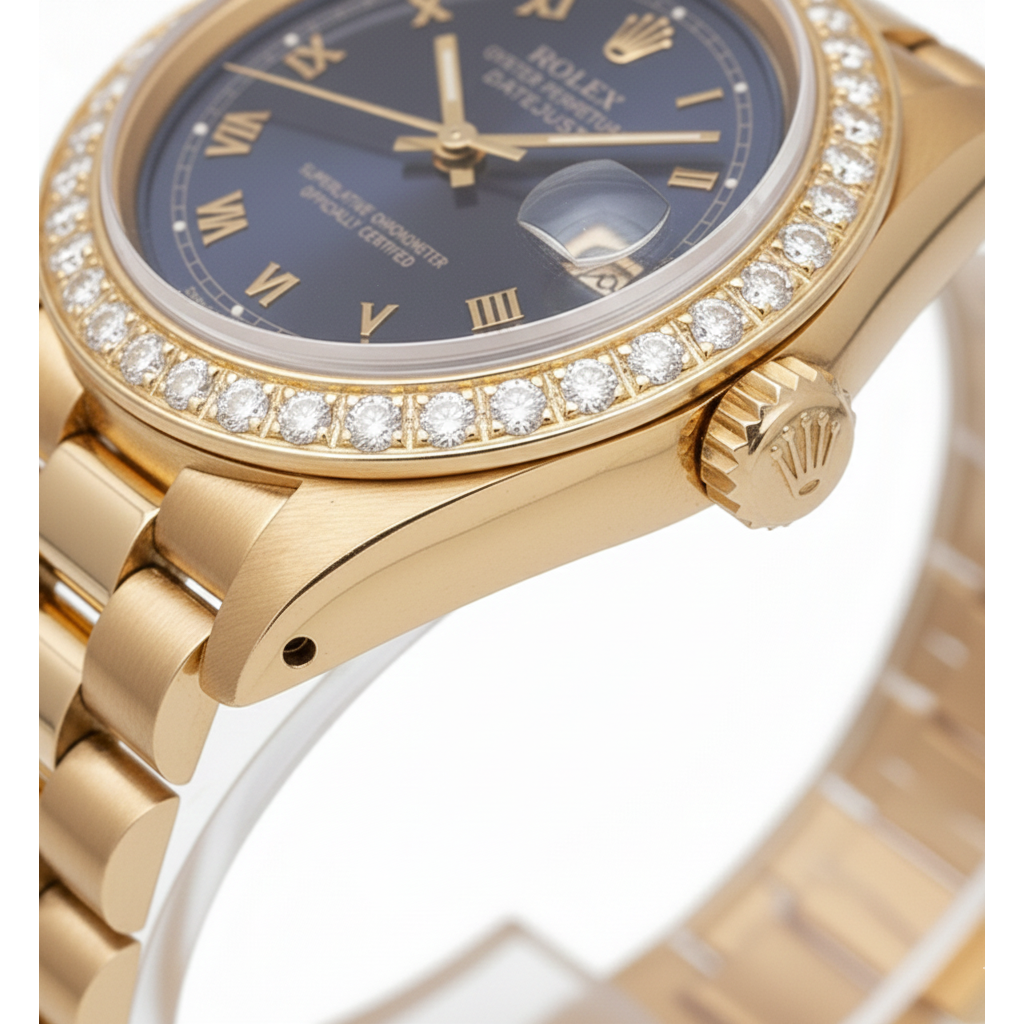 Blaues römisches Zifferblatt Rolex Datejust Präsidentenstil Uhr Diamantlünette Gold