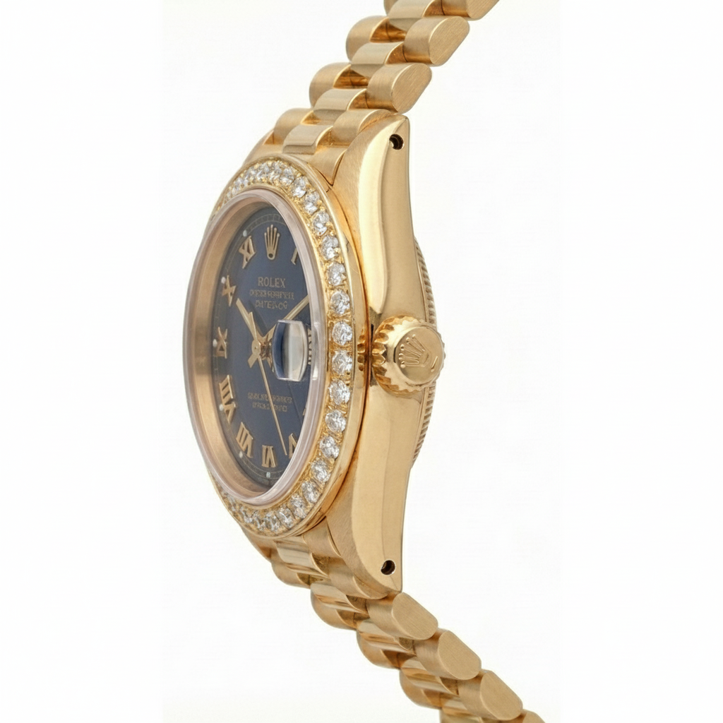 Blaues römisches Zifferblatt Rolex Datejust Präsidentenstil Uhr Diamantlünette Gold