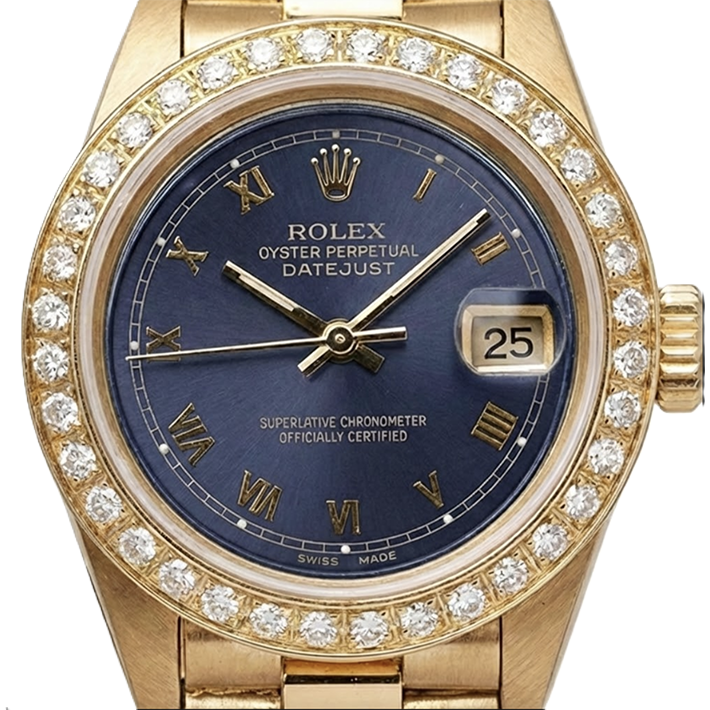 Blaues römisches Zifferblatt Rolex Datejust Präsidentenstil Uhr Diamantlünette Gold