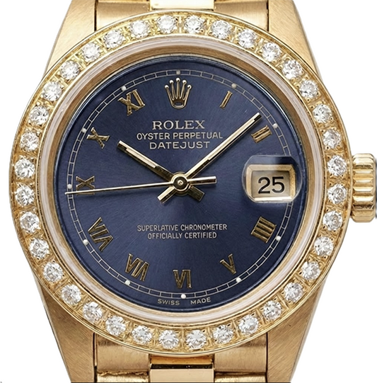 Blaues römisches Zifferblatt Rolex Datejust Präsidentenstil Uhr Diamantlünette Gold