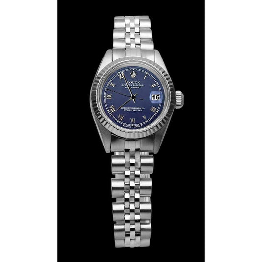 Blaues römisches Zifferblatt, geriffelte Lünette, Damen-Datumsuhr Just Rolex Betrachten Edelstahl
