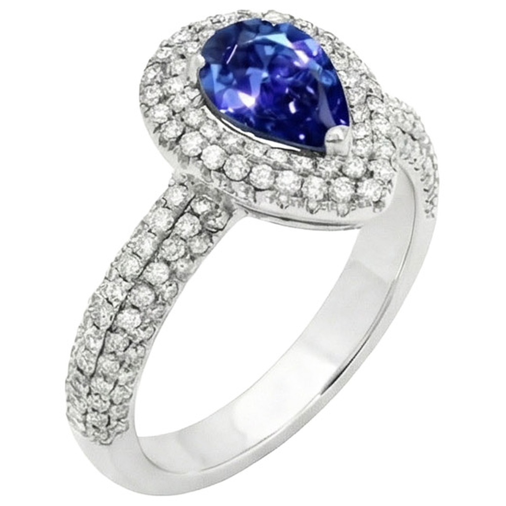 Blue Sapphire Center Birne Runder Echt Aus der Erde Abgebauter Natürlicher Diamantring 2,30 Karat Weißgold 14K