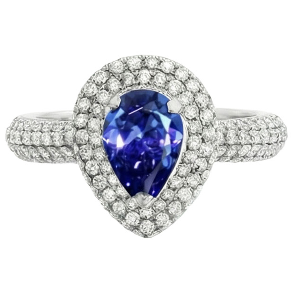 Blue Sapphire Center Birne Runder Echt Aus der Erde Abgebauter Natürlicher Diamantring 2,30 Karat Weißgold 14K