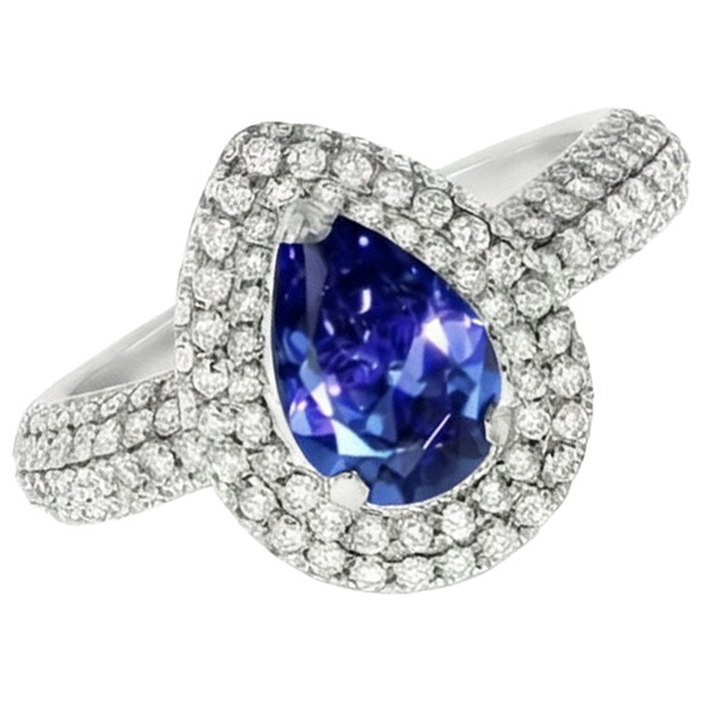 Blue Sapphire Center Birne Runder Echt Aus der Erde Abgebauter Natürlicher Diamantring 2,30 Karat Weißgold 14K