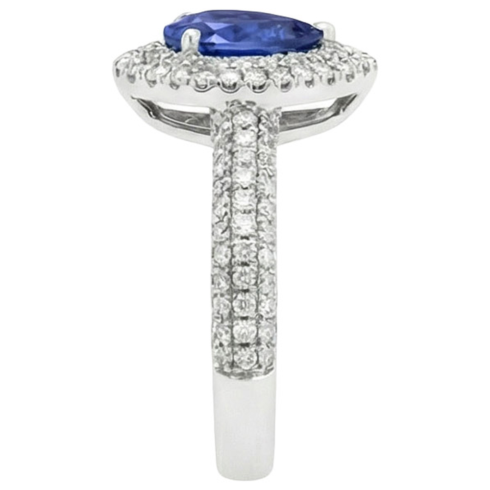 Blue Sapphire Center Birne Runder Echt Aus der Erde Abgebauter Natürlicher Diamantring 2,30 Karat Weißgold 14K