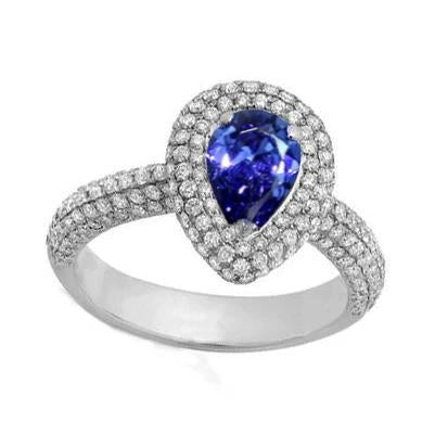 Blue Sapphire Center Birne Runder Echt Diamantring 2,30 Karat Weißgold 14K