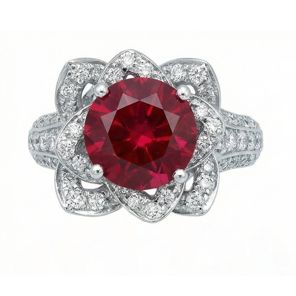 Blumen Stil 2.51 ct Roter Rubin & Weißer Runder Aus der Erde Abgebauter Natürlicher Diamanten Ring Edelstein