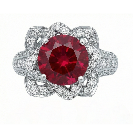 Blumen Stil 2.51 ct Roter Rubin & Weißer Runder Aus der Erde Abgebauter Natürlicher Diamanten Ring Edelstein