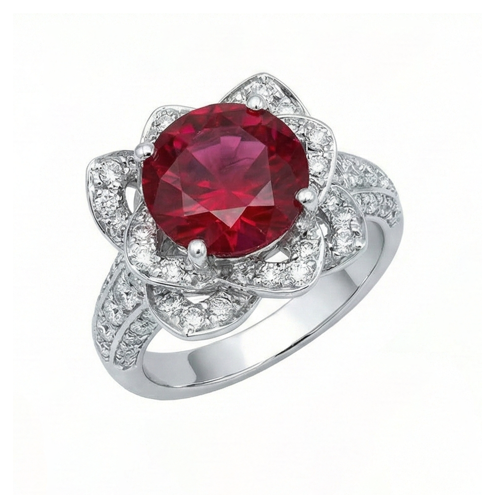 Blumen Stil 2.51 ct Roter Rubin & Weißer Runder Aus der Erde Abgebauter Natürlicher Diamanten Ring Edelstein