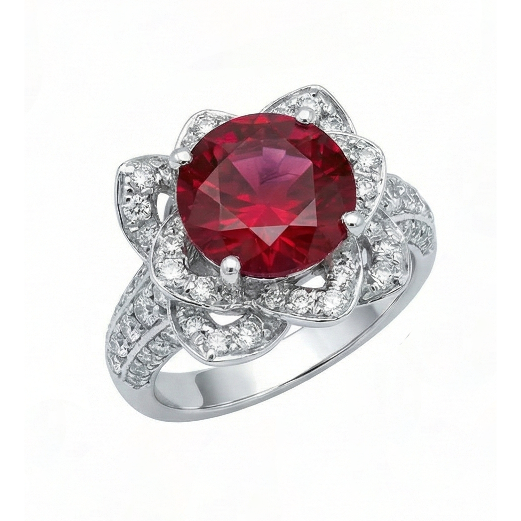 Blumen Stil 2.51 ct Roter Rubin & Weißer Runder Aus der Erde Abgebauter Natürlicher Diamanten Ring Edelstein