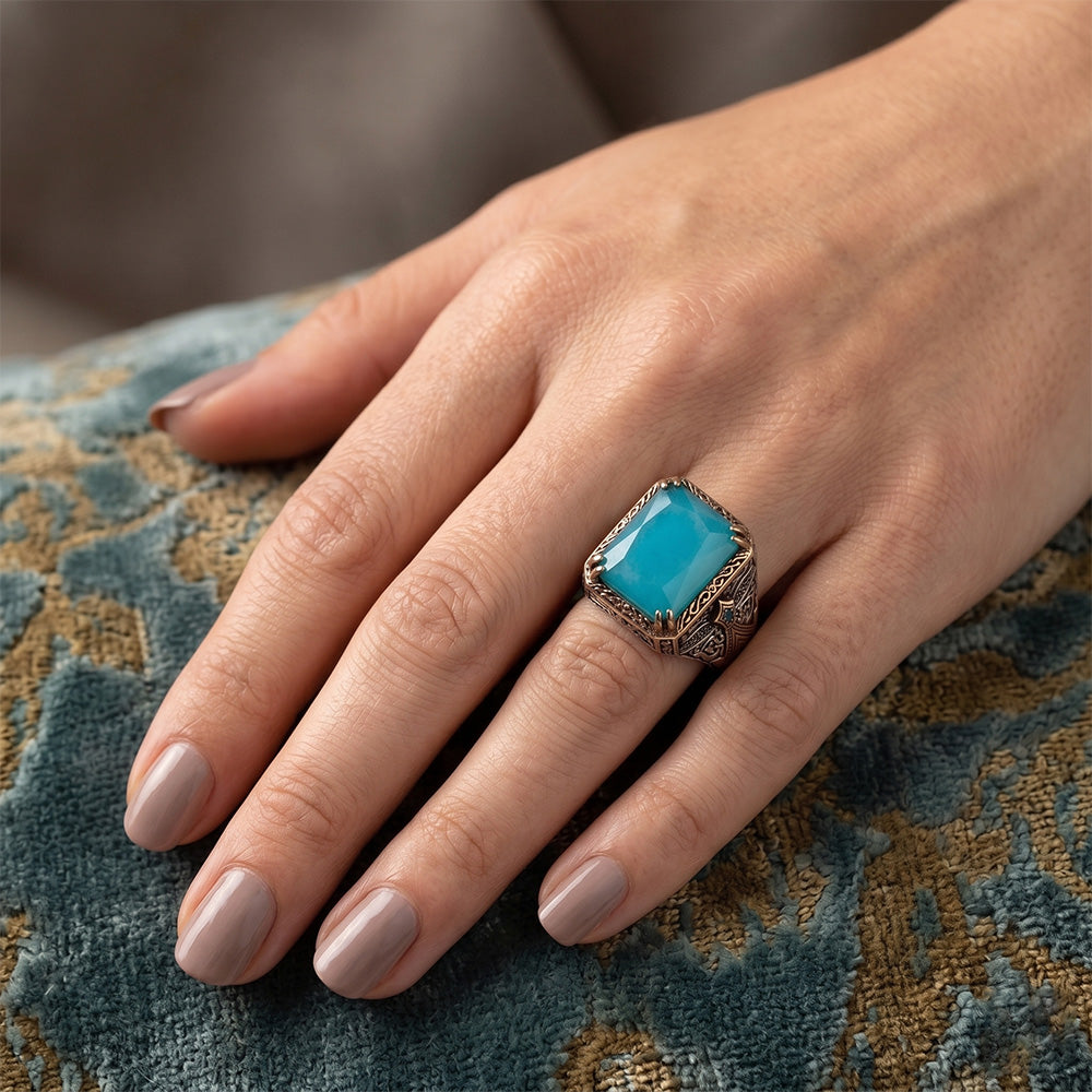 Brillanter Türkis Turquoise Halo-Ring – 5 Karat Zweifarbiges 14K