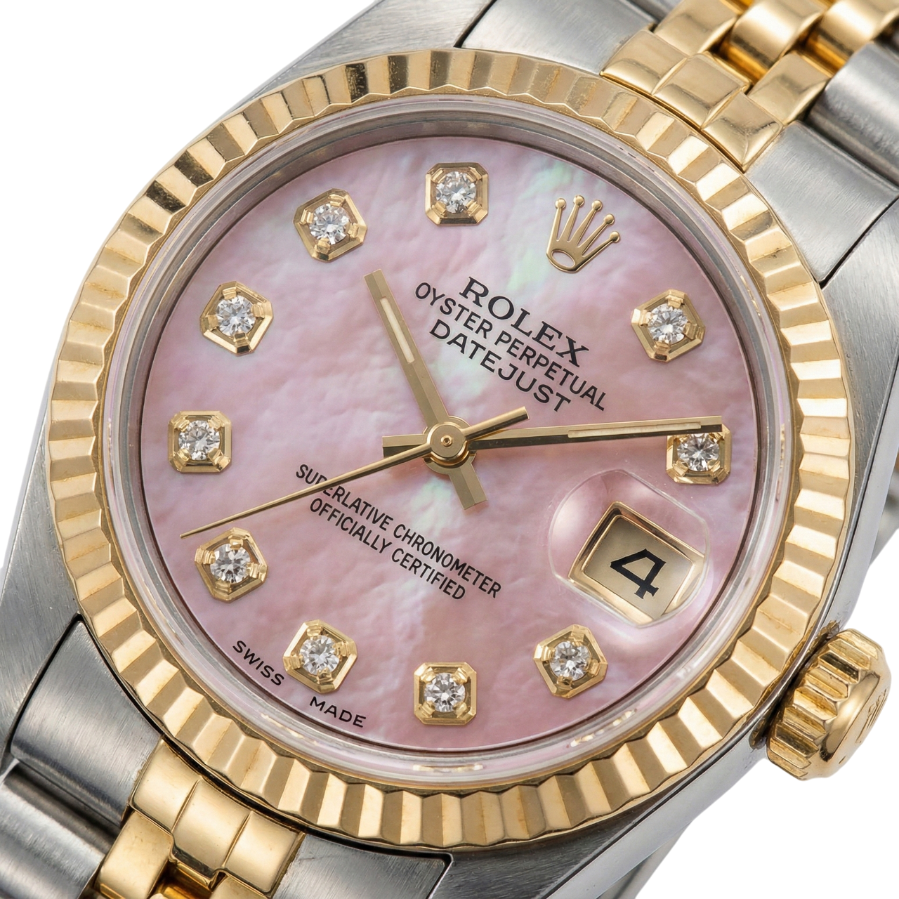 Burgunderrotes Diamantzifferblatt aus Edelstahl und goldene Jubilee Datejust-Damenuhr von Rolex