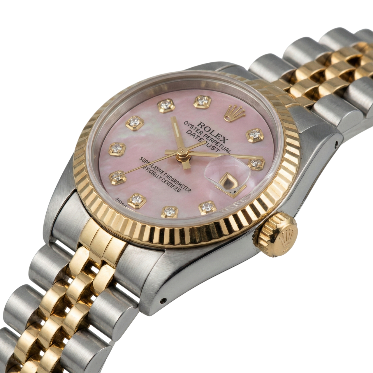 Burgunderrotes Diamantzifferblatt aus Edelstahl und goldene Jubilee Datejust-Damenuhr von Rolex