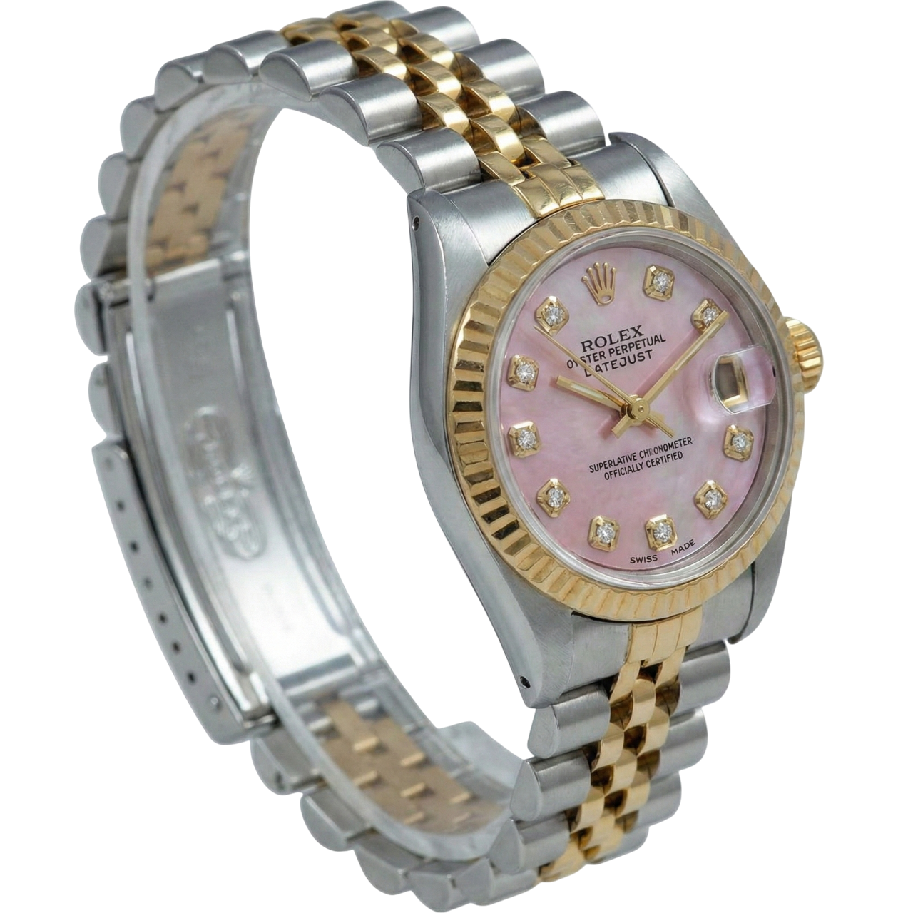 Burgunderrotes Diamantzifferblatt aus Edelstahl und goldene Jubilee Datejust-Damenuhr von Rolex