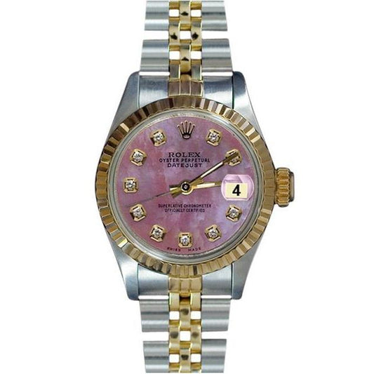 Burgunderrotes Diamantzifferblatt aus Edelstahl und goldene Jubilee Datejust-Damenuhr von Rolex
