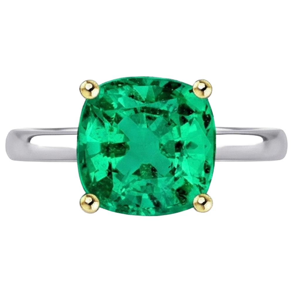 Smaragd Cushion Edelstein-Ring in Bicolor 14K Gold – Frontansicht