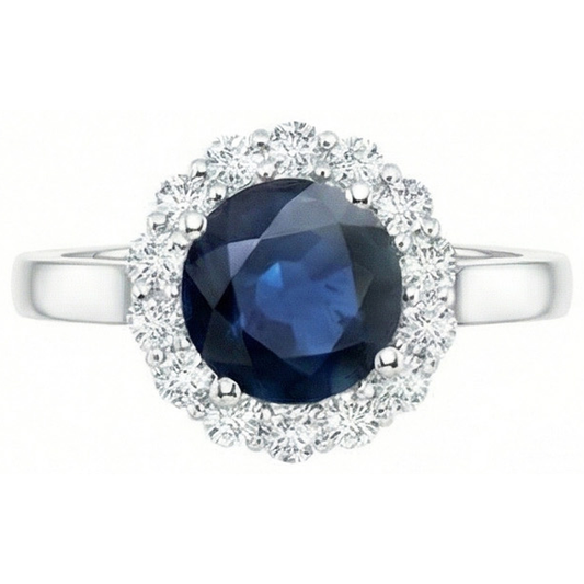 Ceylon Blauer Saphir Ring Runder Aus der Erde Abgebauter Natürlicher Diamant 2.45 Karat Weißgold 14K