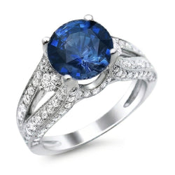 Ceylon Blauer Saphir mit Aus der Erde Abgebauter Natürlicher Diamanten Ring 4 Karat Weißgold 14K