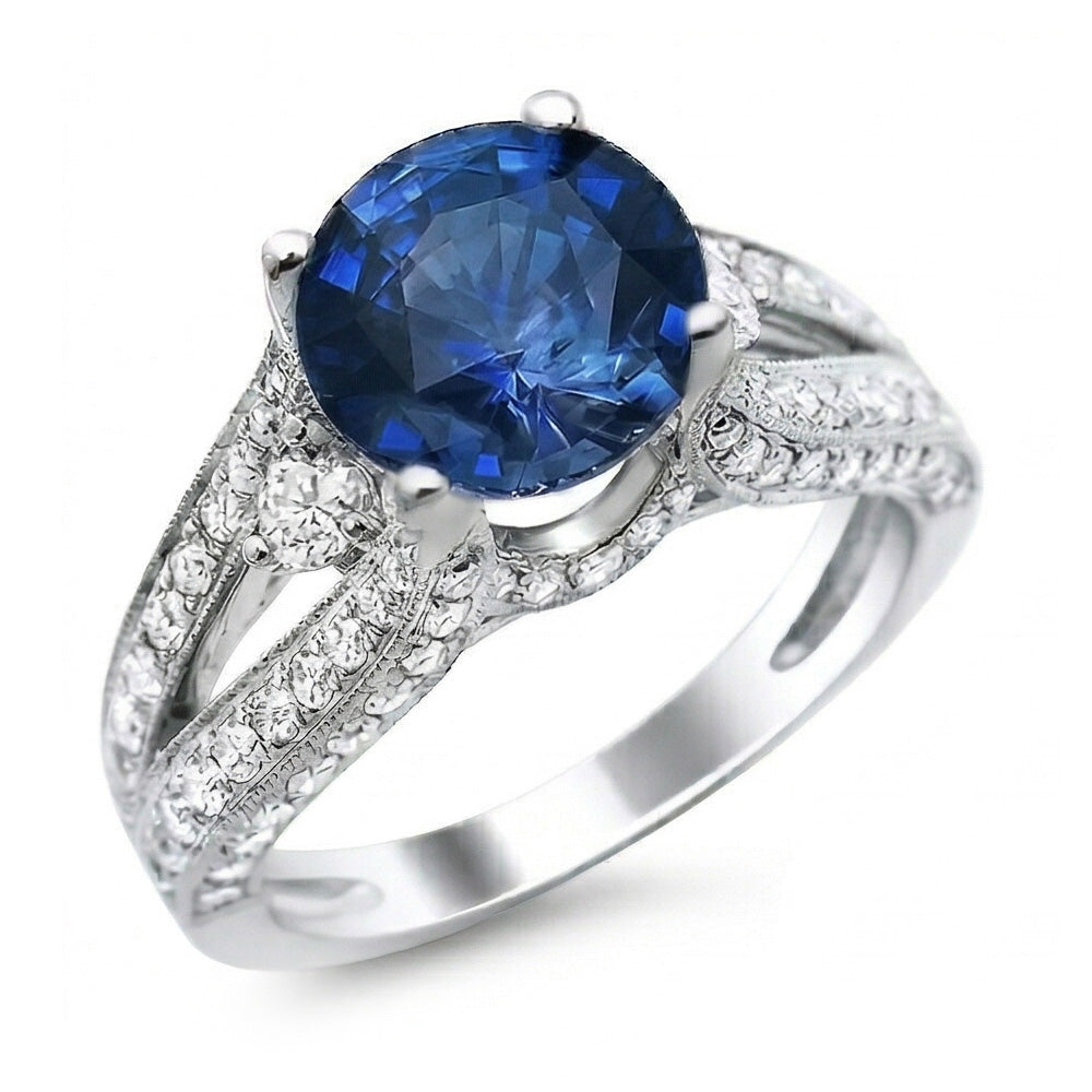 Ceylon Blauer Saphir mit Aus der Erde Abgebauter Natürlicher Diamanten Ring 4 Karat Weißgold 14K