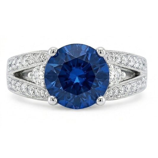 Ceylon Blauer Saphir mit Aus der Erde Abgebauter Natürlicher Diamanten Ring 4 Karat Weißgold 14K