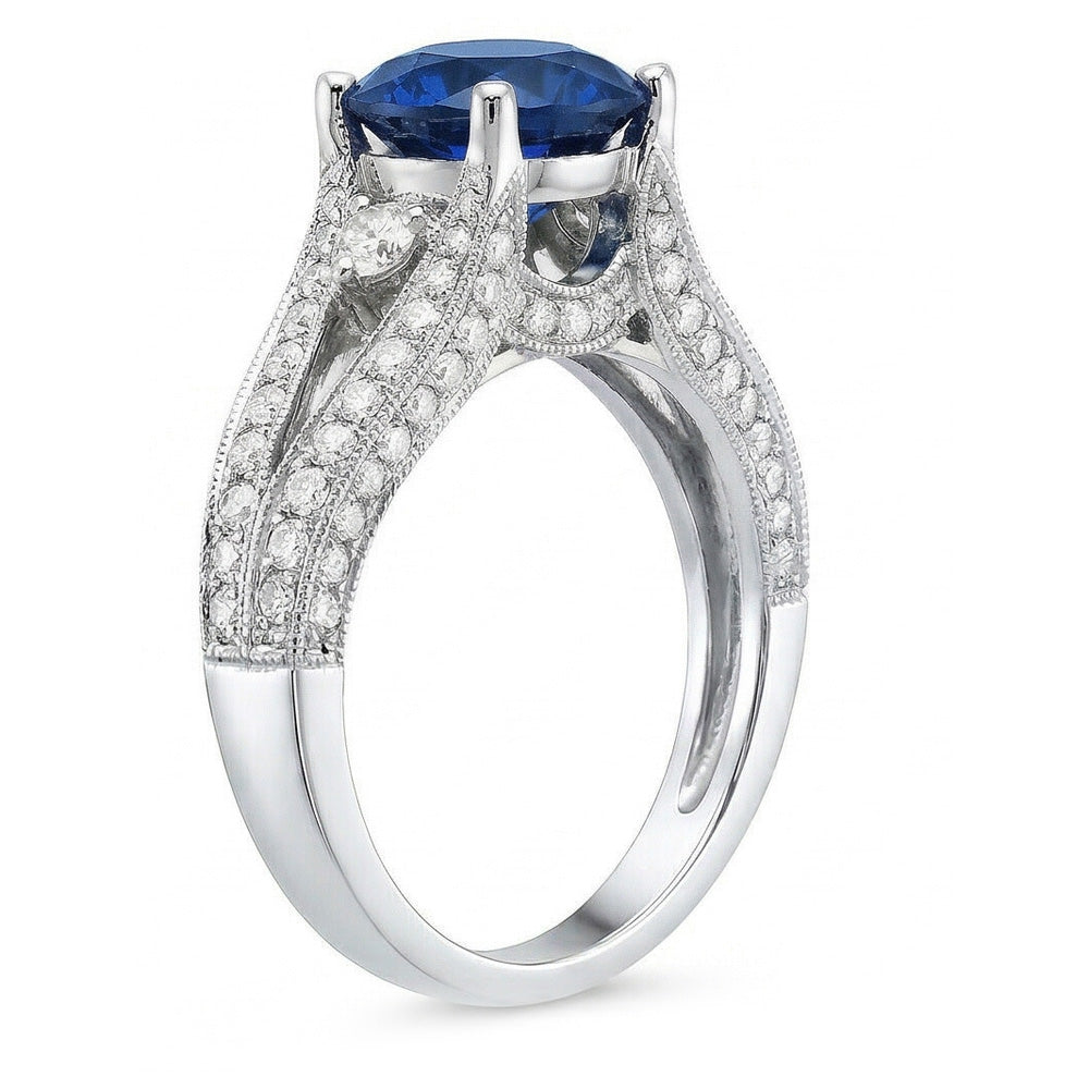 Ceylon Blauer Saphir mit Aus der Erde Abgebauter Natürlicher Diamanten Ring 4 Karat Weißgold 14K