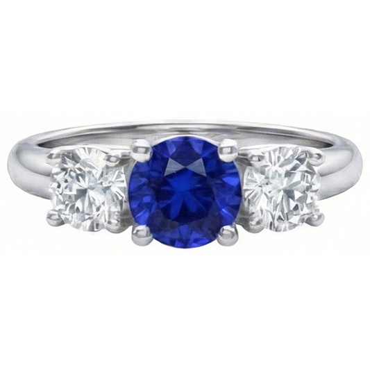 Ceylon Blue Sapphire Aus der Erde Abgebauter Natürlicher Diamant 3 Stone Ring Weißgold 14K 3.5 Karat