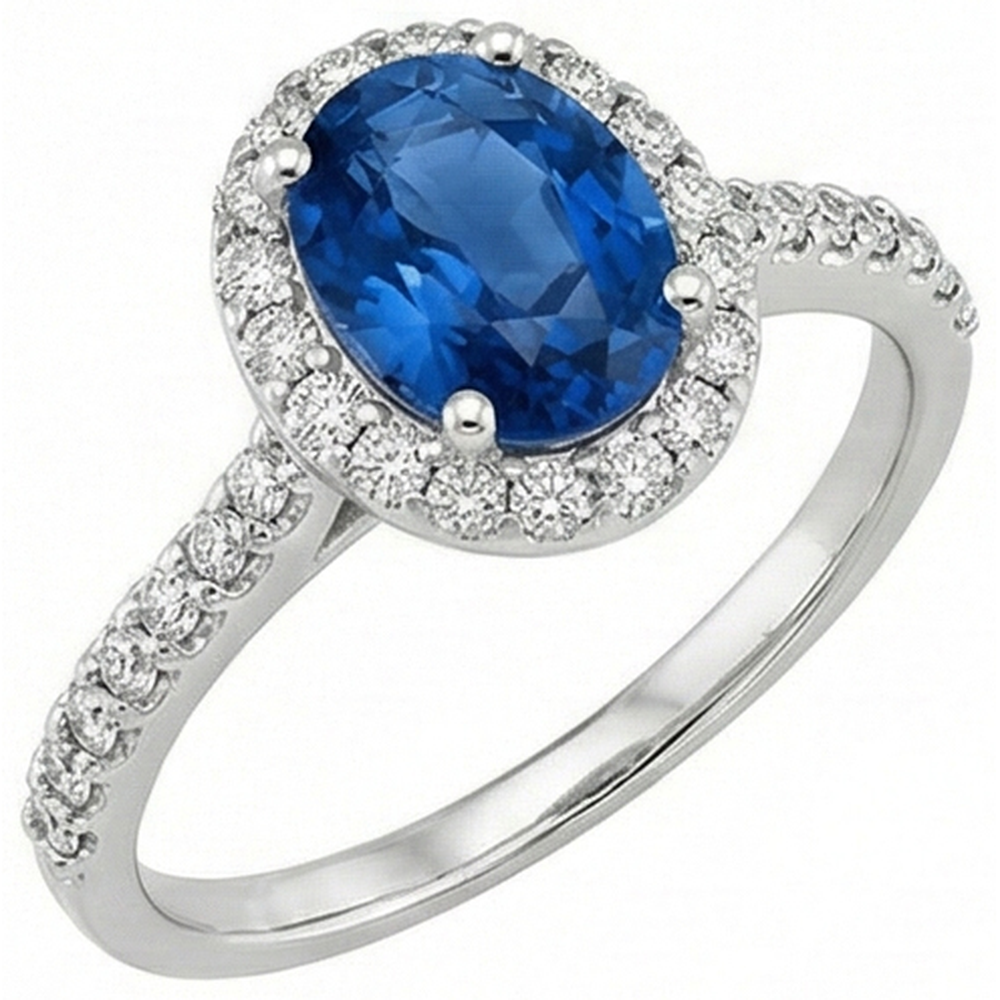 Ceylon Blue Sapphire Halo Aus der Erde Abgebauter Natürlicher Diamant Ring 14K Weißgold Oval 2,15 ct.