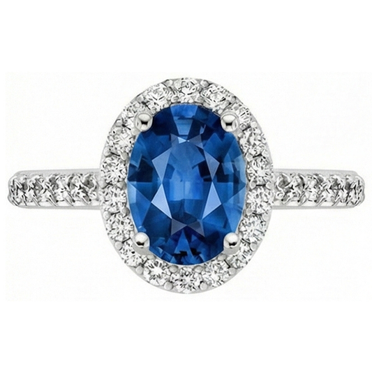 Ceylon Blue Sapphire Halo Aus der Erde Abgebauter Natürlicher Diamant Ring 14K Weißgold Oval 2,15 ct.