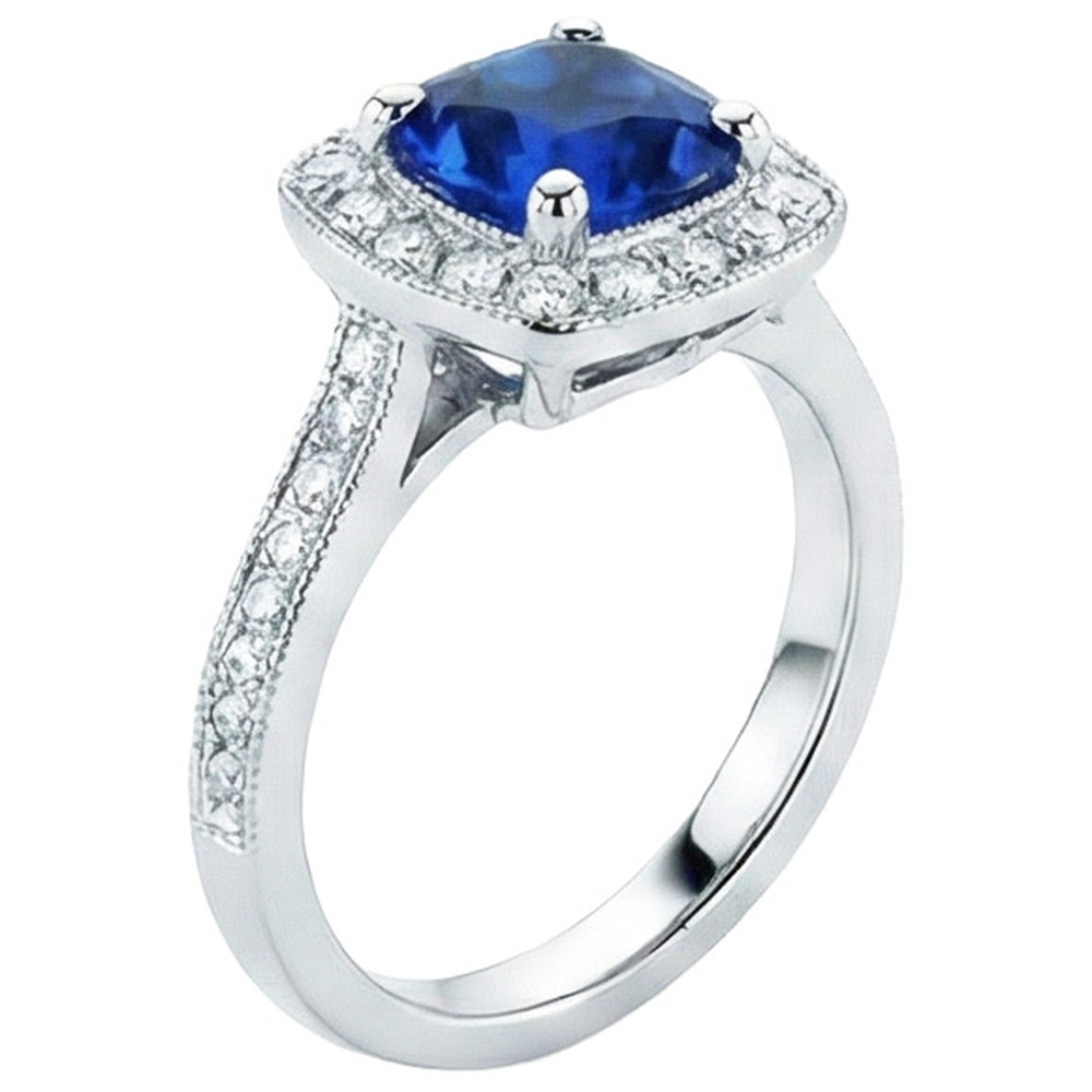 Ceylon Blue Sapphire Halo Aus der Erde Abgebauter Natürlicher Diamants Ring 4 Karat 14 Karat Weißgold