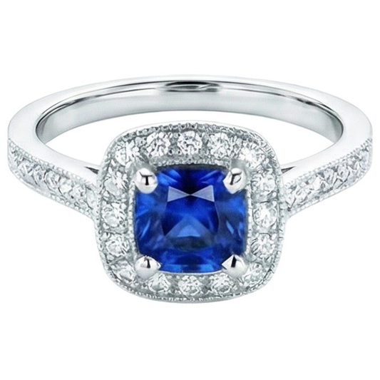 Ceylon Blue Sapphire Halo Aus der Erde Abgebauter Natürlicher Diamants Ring 4 Karat 14 Karat Weißgold