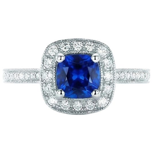 Ceylon Blue Sapphire Halo Aus der Erde Abgebauter Natürlicher Diamants Ring 4 Karat 14 Karat Weißgold