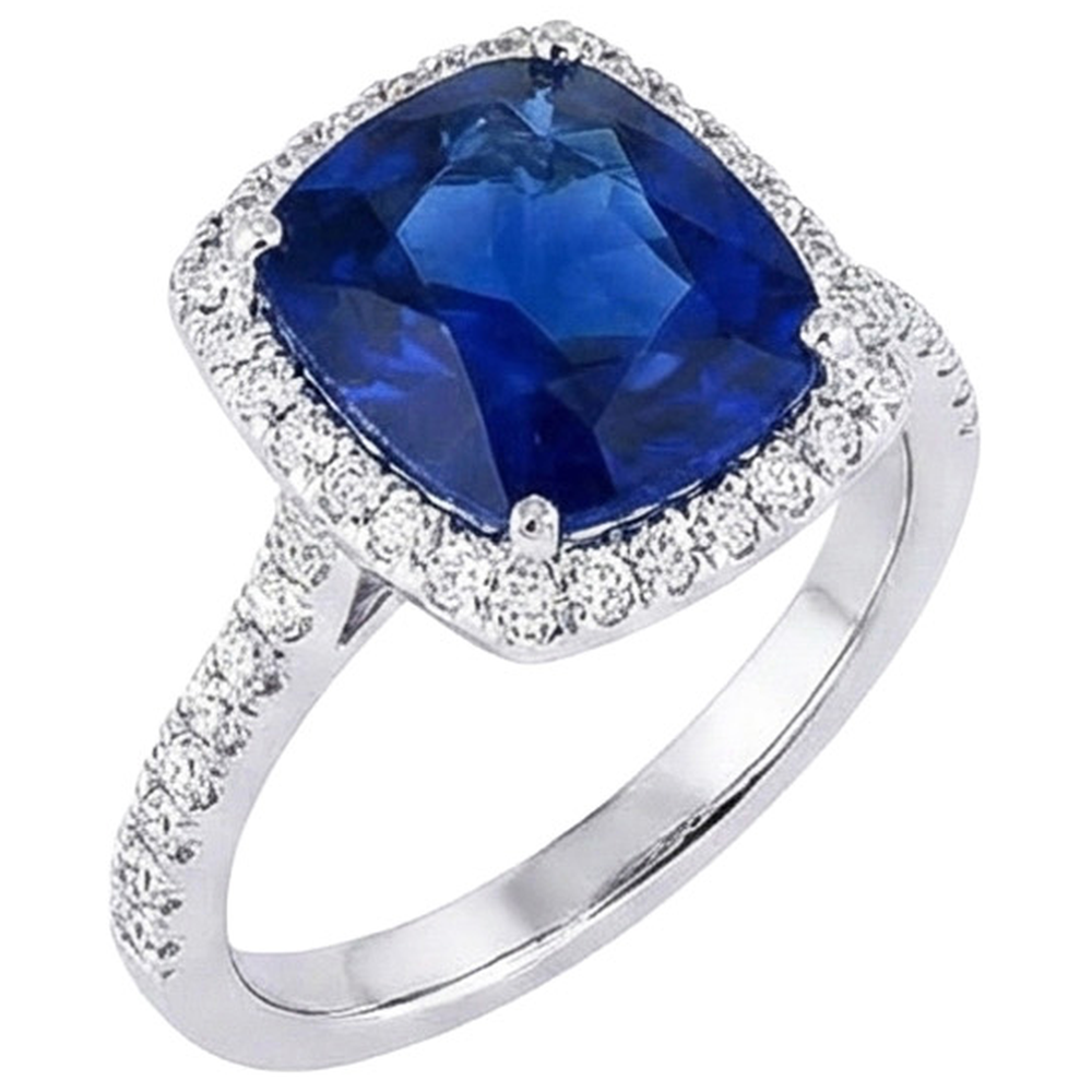 Ceylon Kissen Saphir Aus der Erde Abgebauter Natürlicher Diamant Halo Ring Weißgold 14K