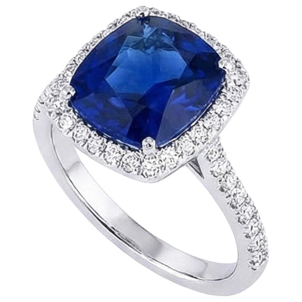 Ceylon Kissen Saphir Aus der Erde Abgebauter Natürlicher Diamant Halo Ring Weißgold 14K