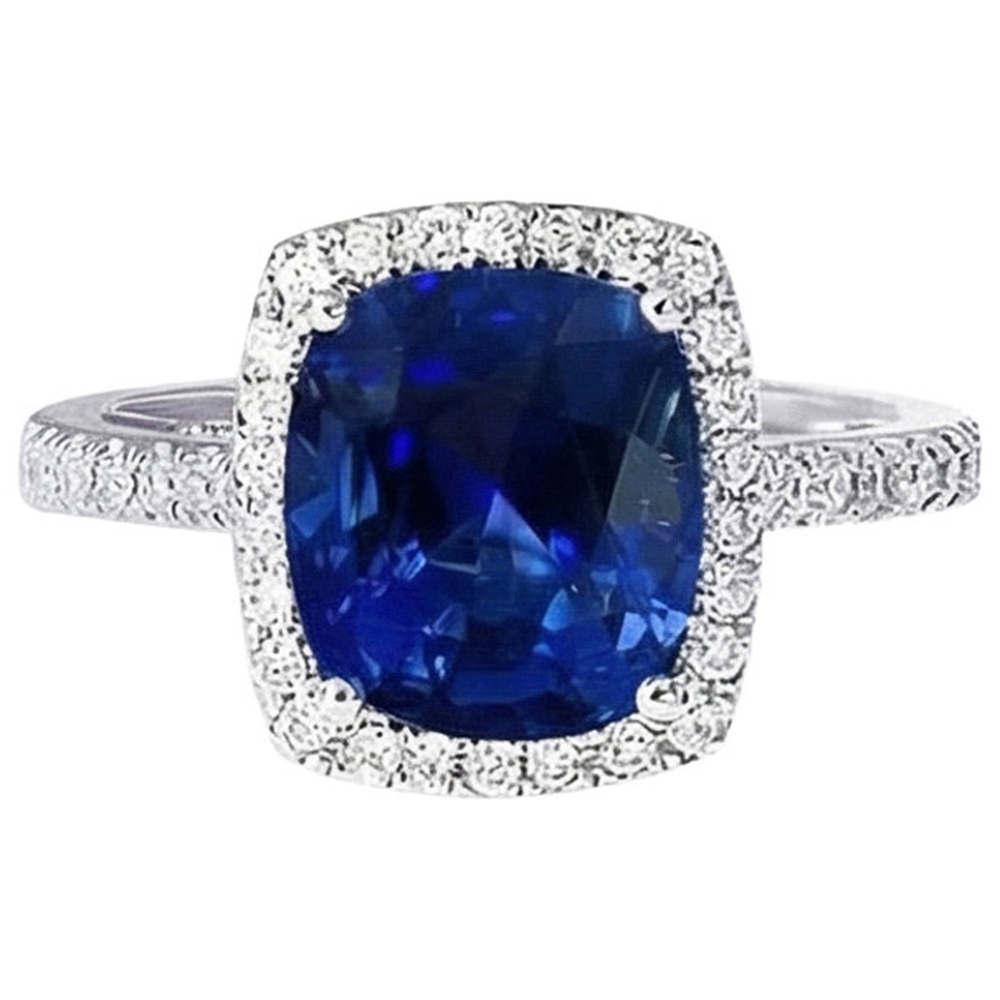 Ceylon Kissen Saphir Aus der Erde Abgebauter Natürlicher Diamant Halo Ring Weißgold 14K