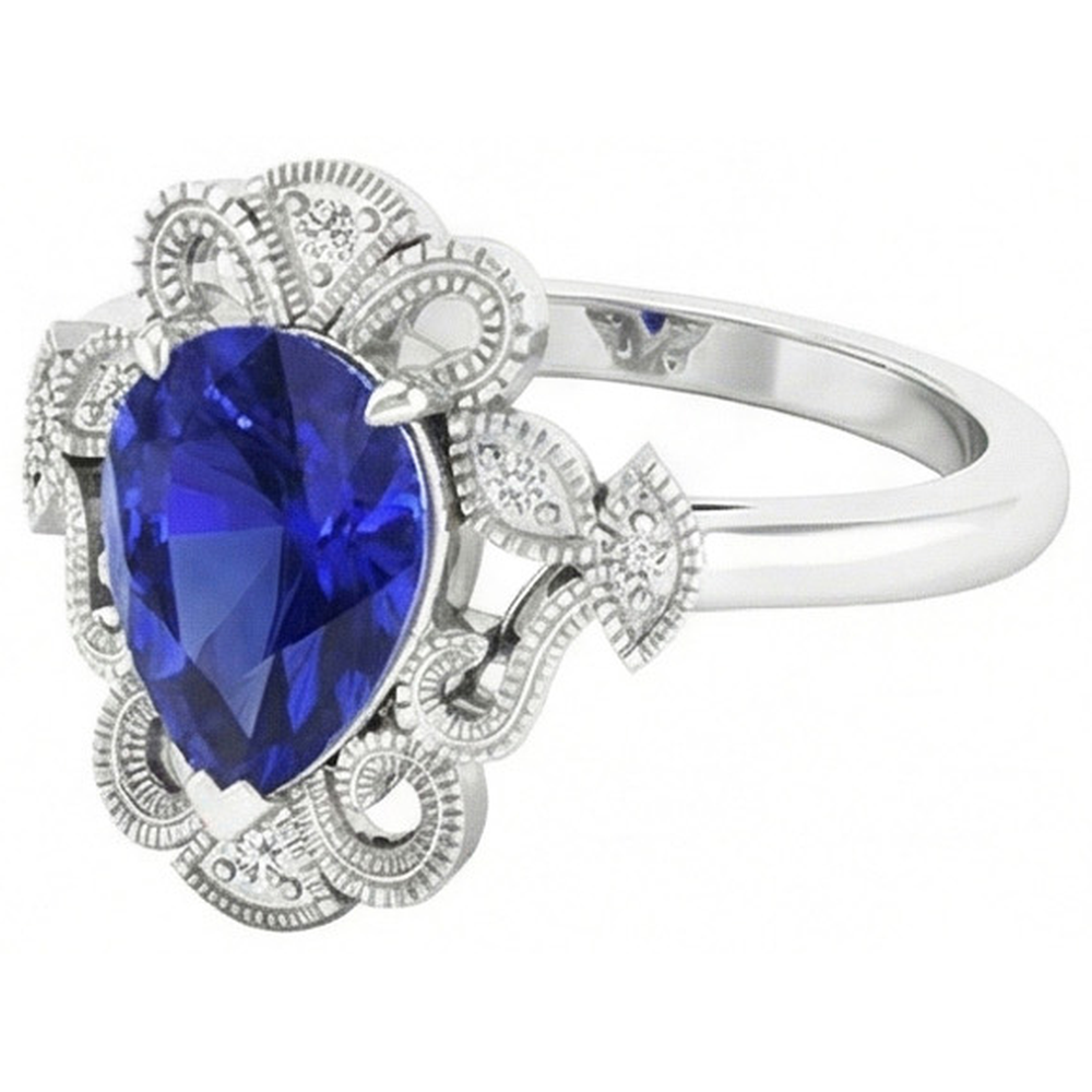 Royalblauer Saphir Tropfen-Schliff Schmuckstein-Ring in 14K Weißgold – Seitenansicht