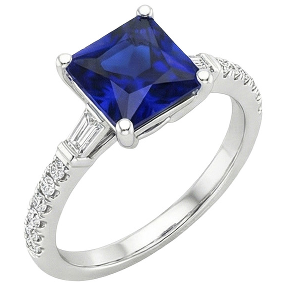 Ceylon Saphir Aus der Erde Abgebauter Natürlicher Diamant Akzente Ring Solitaire Princess Cut 5,50 Karat
