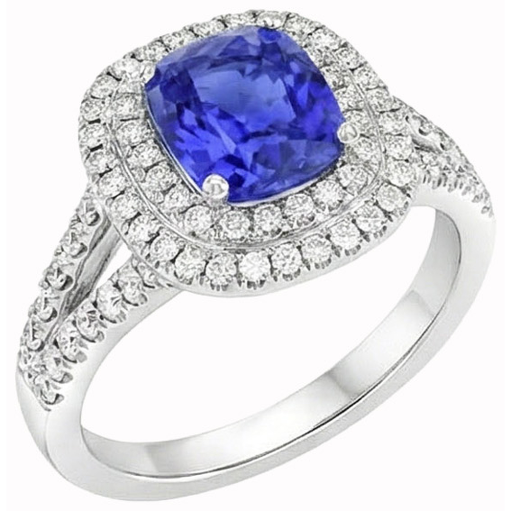 Ceylon Saphir Doppel Halo Ring Solid Gold 14K Schmuck 3.5 Ct