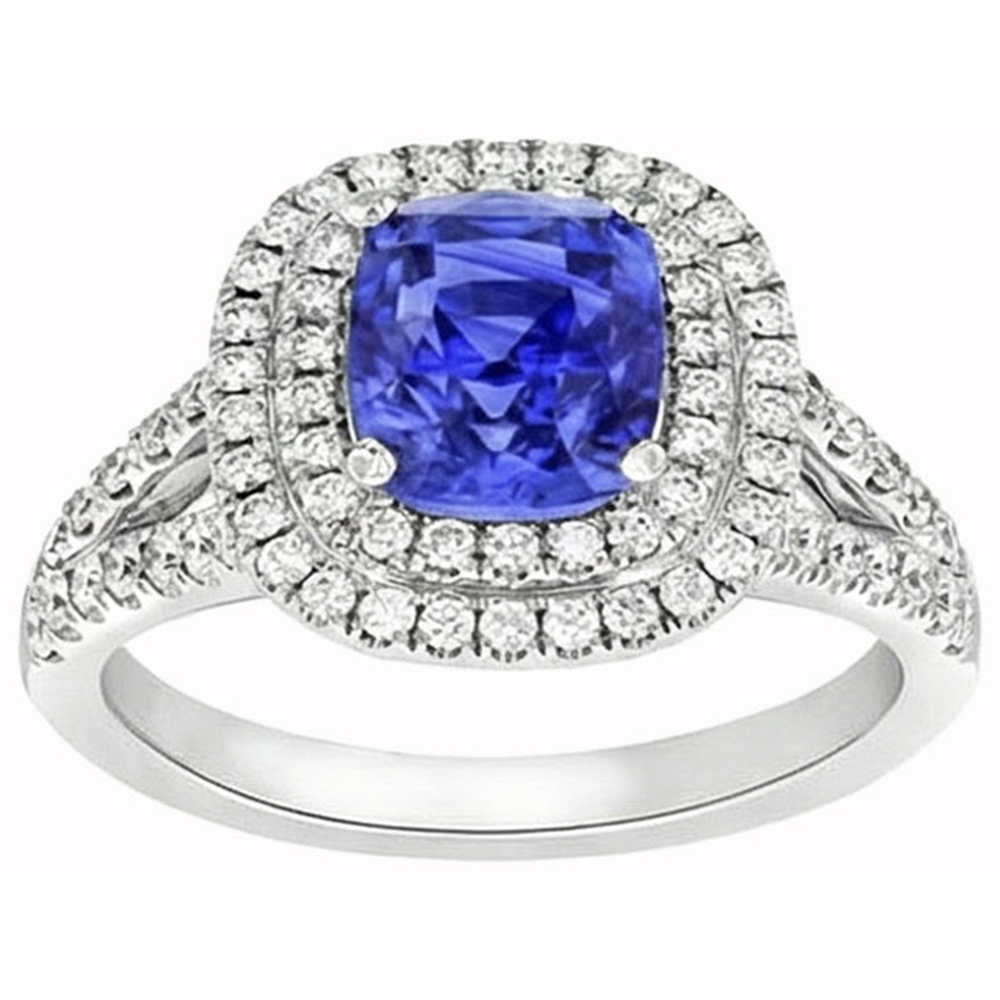 Ceylon Saphir Doppel Halo Ring Solid Gold 14K Schmuck 3.5 Ct