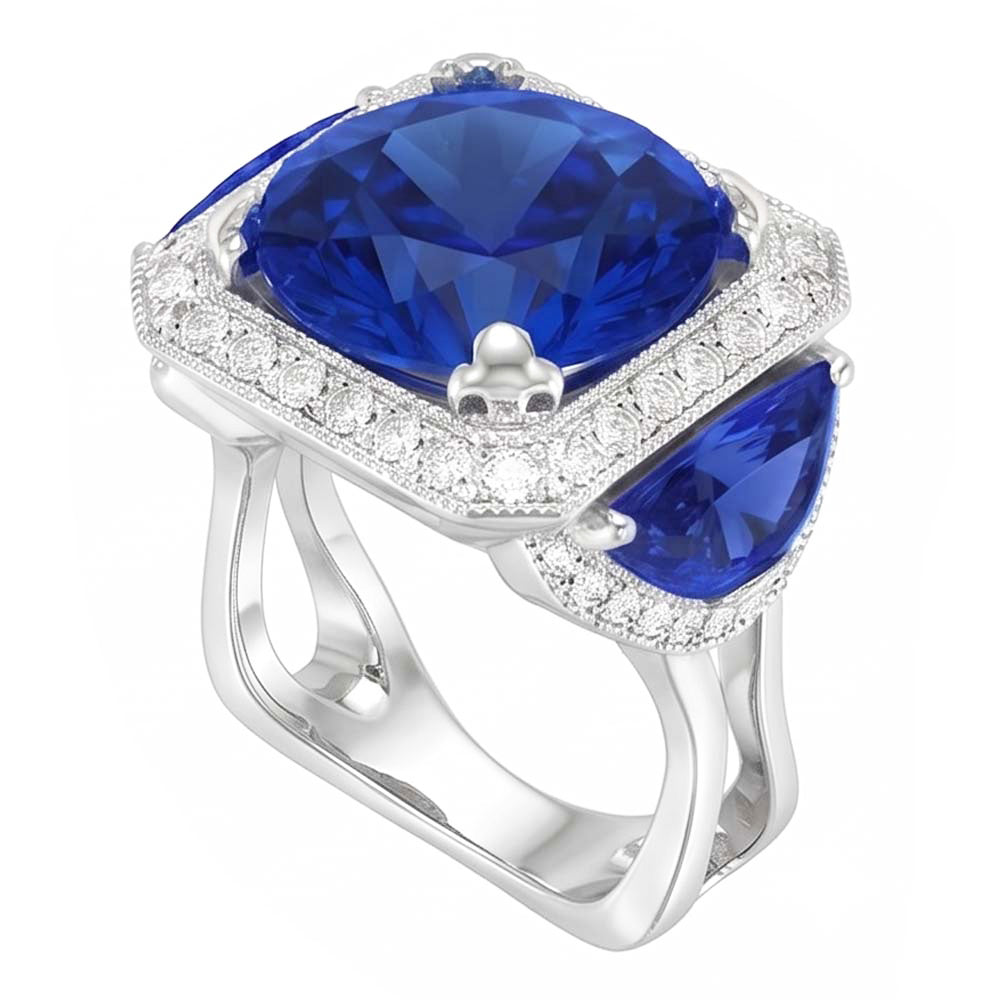 Ceylon Saphir Gold Verlobungsring Runde Aus der Erde Abgebauter Natürlicher Diamanten 6,01 ct.