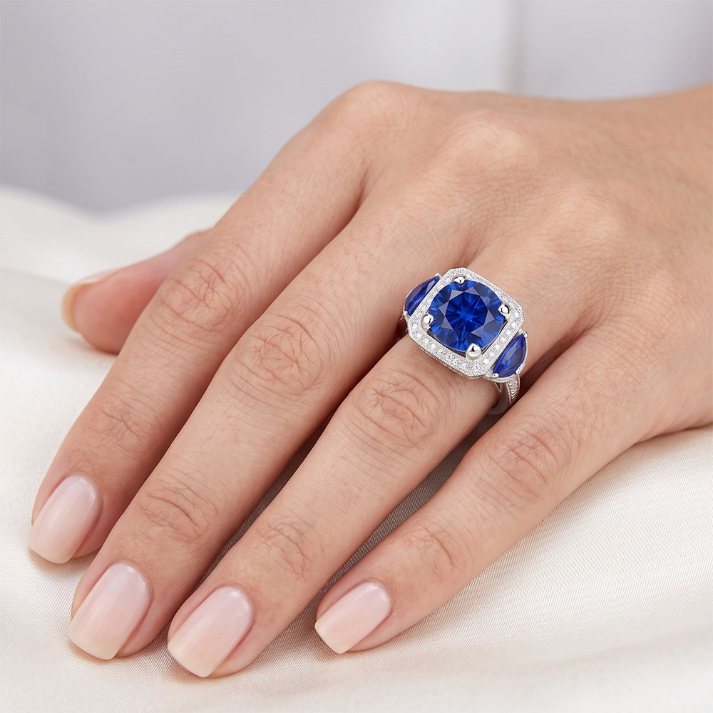 Ceylon Saphir Gold Verlobungsring Runde Aus der Erde Abgebauter Natürlicher Diamanten 6,01 ct.