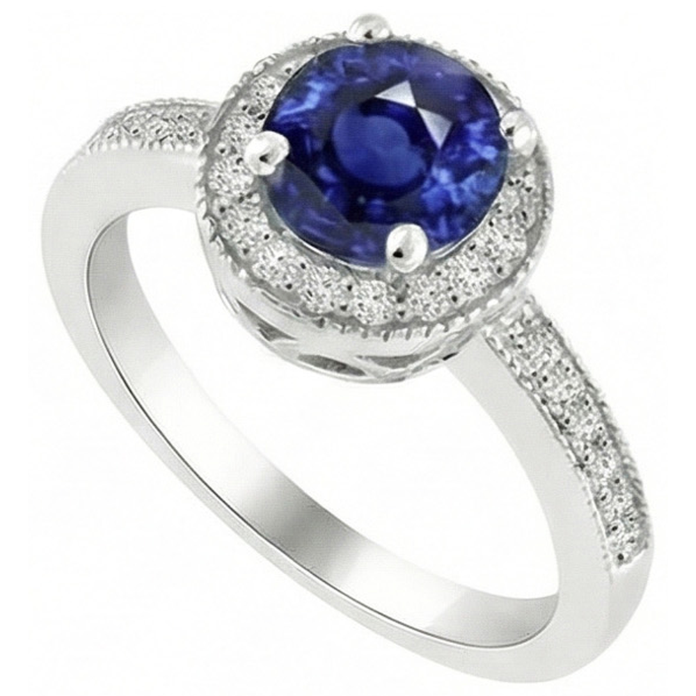Ceylon Saphir Halo Aus der Erde Abgebauter Natürlicher Diamant 1.50 Karat Ring Weißgold 14K