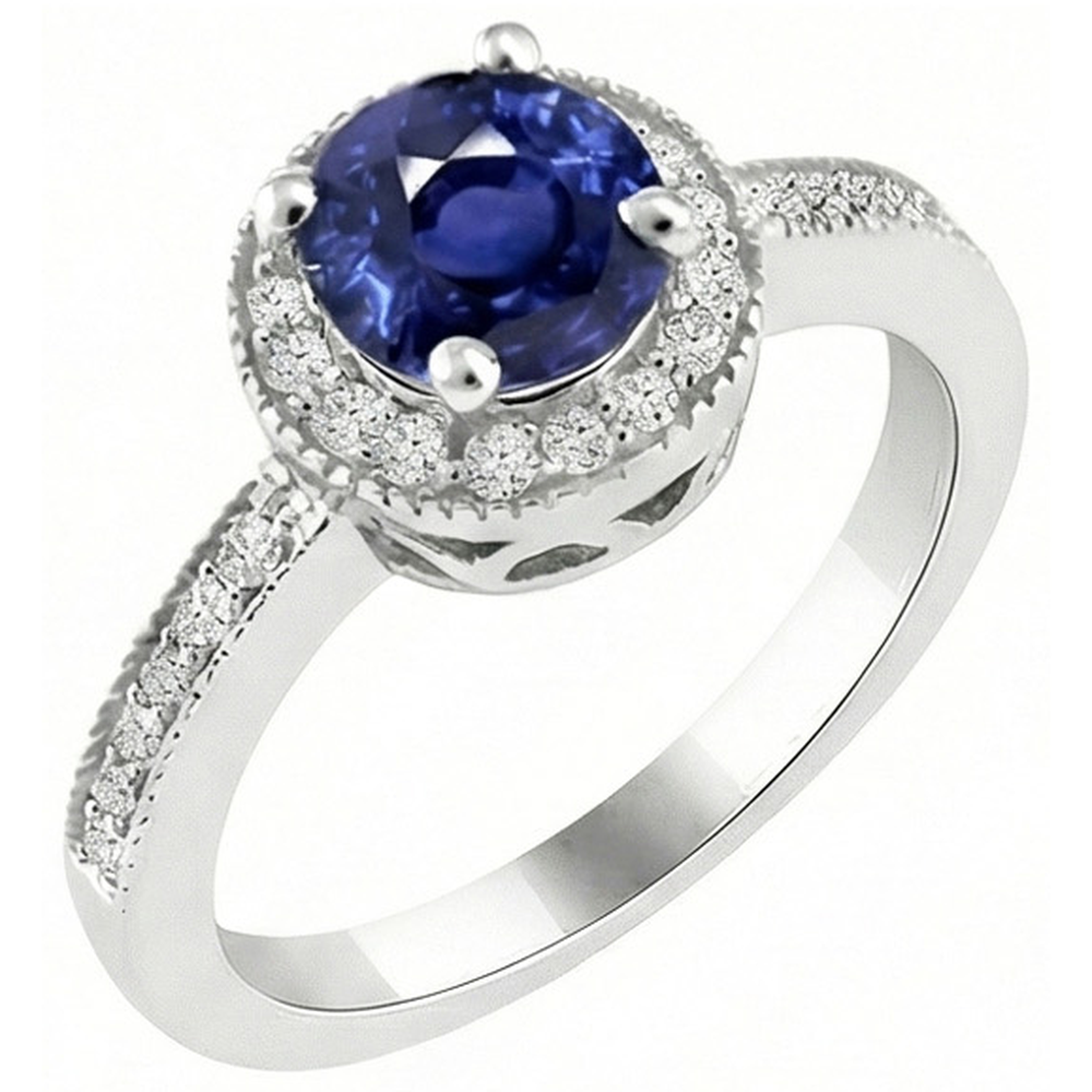 Ceylon Saphir Halo Aus der Erde Abgebauter Natürlicher Diamant 1.50 Karat Ring Weißgold 14K