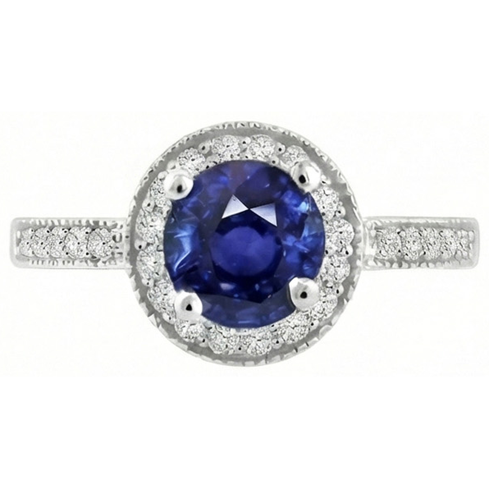 Ceylon Saphir Halo Aus der Erde Abgebauter Natürlicher Diamant 1.50 Karat Ring Weißgold 14K