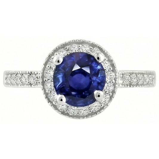 Ceylon Saphir Halo Aus der Erde Abgebauter Natürlicher Diamant 1.50 Karat Ring Weißgold 14K