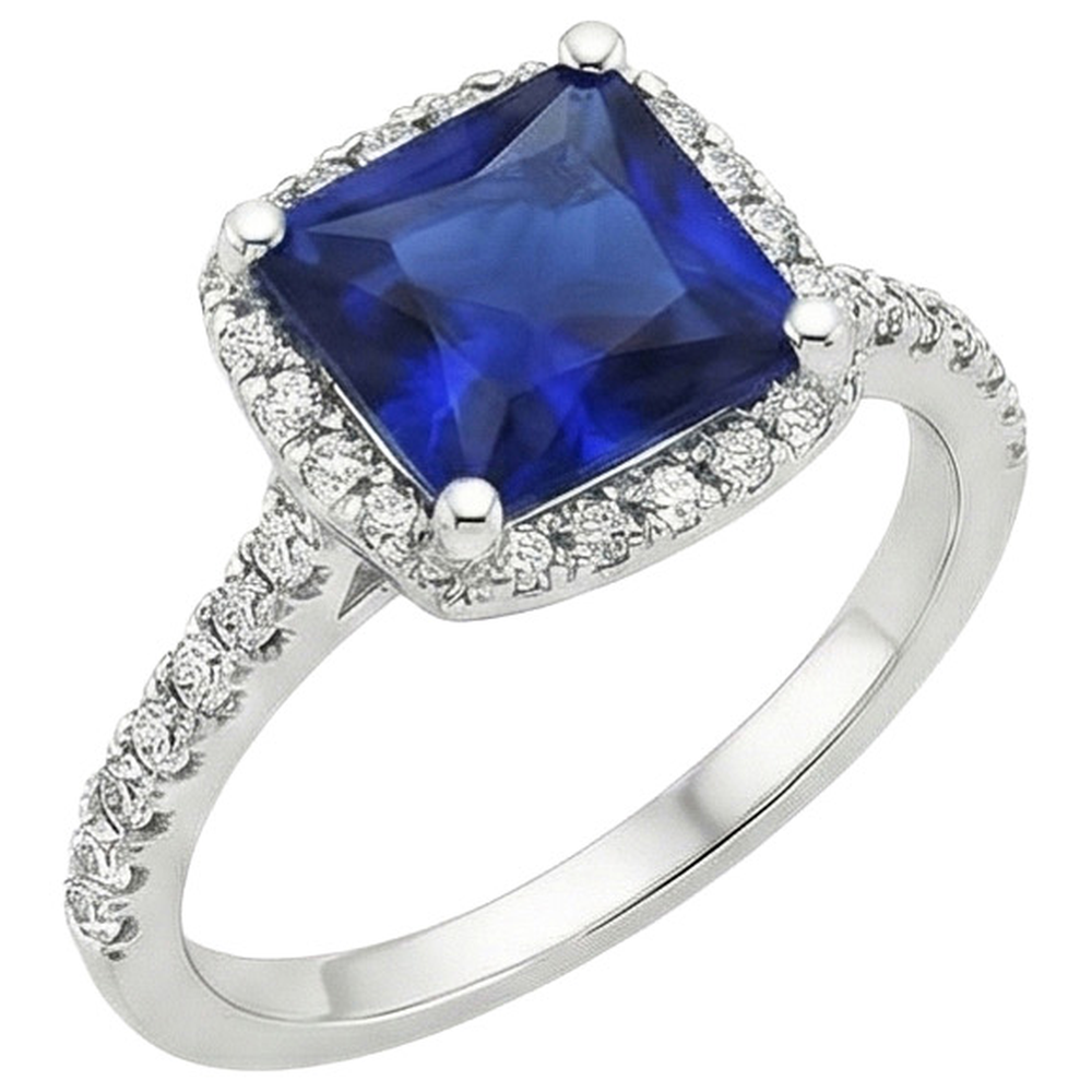 Ceylon-Saphir-Halo-Aus der Erde Abgebauter Natürlicher Diamantring 6 Karat Prinzessschliff mit Akzenten
