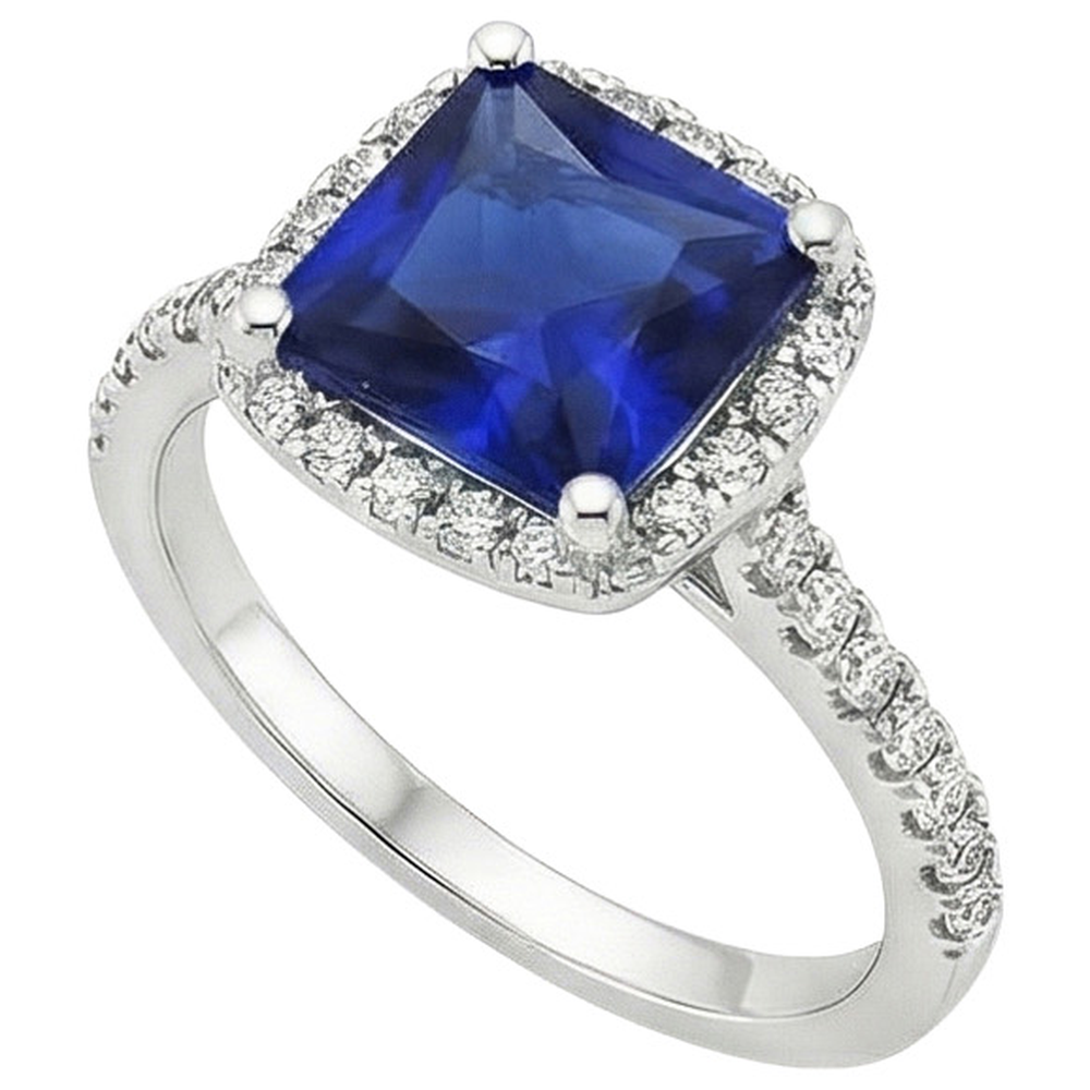 Ceylon-Saphir-Halo-Aus der Erde Abgebauter Natürlicher Diamantring 6 Karat Prinzessschliff mit Akzenten