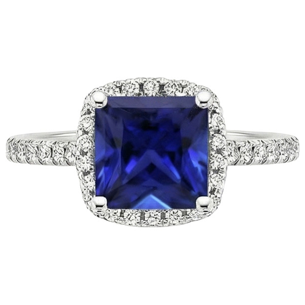 Ceylon-Saphir-Halo-Aus der Erde Abgebauter Natürlicher Diamantring 6 Karat Prinzessschliff mit Akzenten